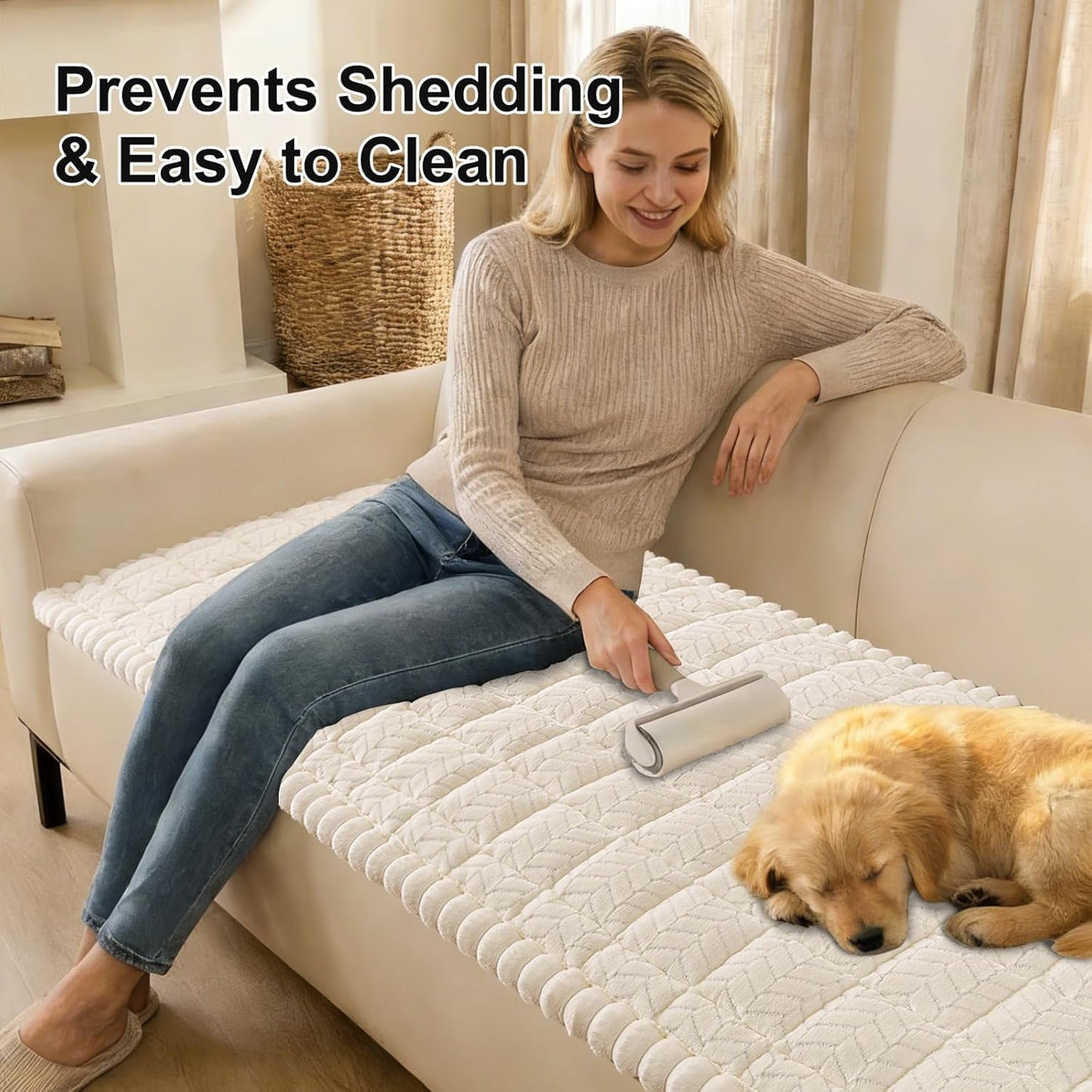 Smiry Non Slip Couch Covers for Dogs, Fuzzy Pet Couch Covers for 2-3 Cushion Sofa Pet Friendly, Soft Sofa Slipcovers Cushion Furniture Protector Washable (Beige, 27.6" x 59")