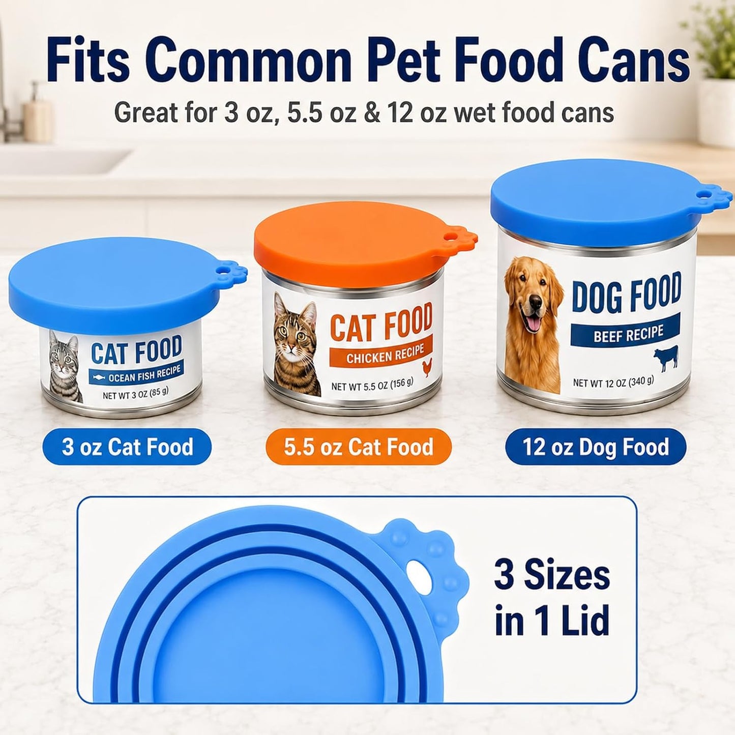 Lydia’s Deal Pet Food Can Covers 2-Pack, Thick Silicone Universal Can Lids for Dog & Cat Food, Fits 3oz/5.5oz/12oz, Airtight Seal, Durable & Dishwasher Safe, Easy Grip with Spoon (Blue & Orange)