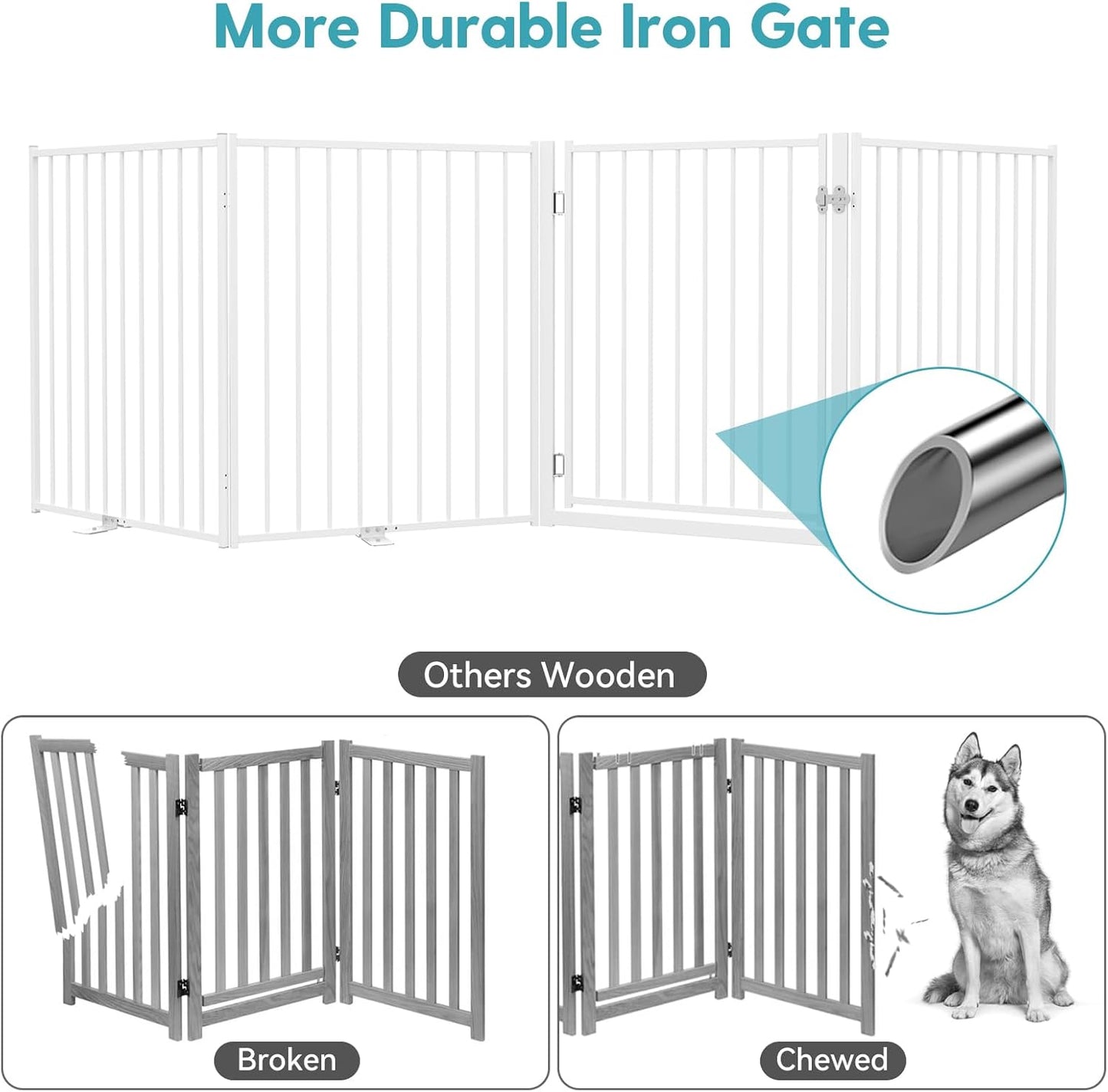 No Pawblems Free Standing Dog Gate with Door, 30'' Tall Foldable Dog Fence for Indoor & Outdoor, Up to 78 Inch Extra Wide Puppy Gate for Stairs, Hallways, Doorways, Deck, Yard (Black, 3 Panels)