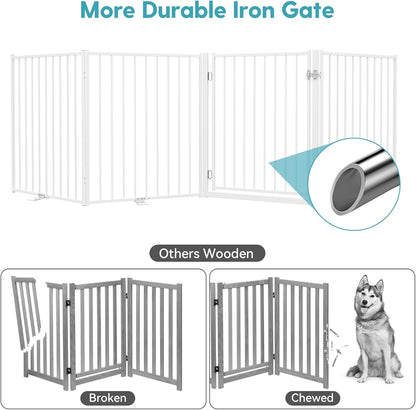 No Pawblems Free Standing Dog Gate with Door, 30'' Tall Foldable Dog Fence for Indoor & Outdoor, Up to 78 Inch Extra Wide Puppy Gate for Stairs, Hallways, Doorways, Deck, Yard (Black, 3 Panels)