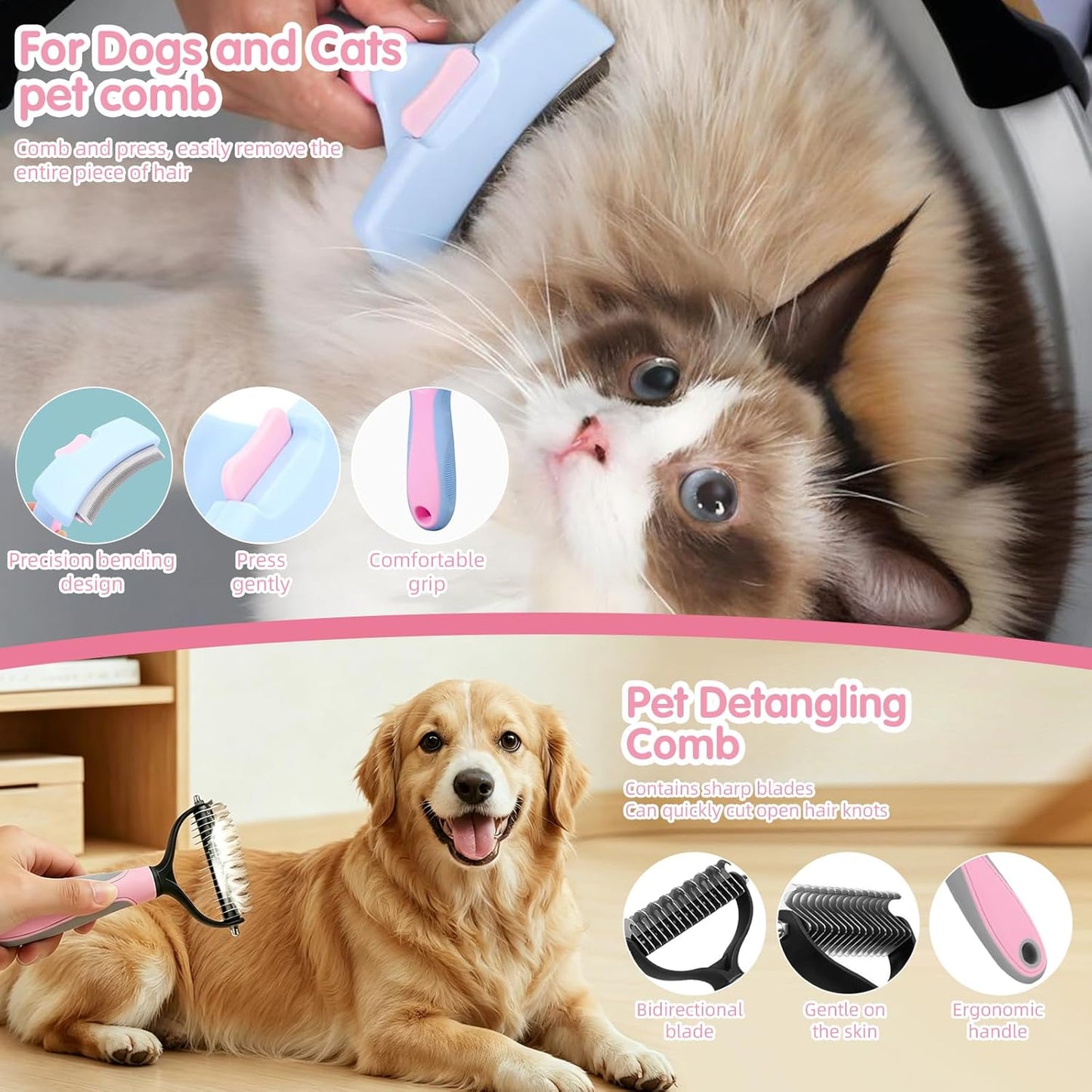 Aglads 8PCS Cat Rabbit Bunny Dog Grooming Kit,Self-Cleaning Brush,Nail Clipper,Grooming Glove,Massage Brush,Flea Comb,Towel&Travel Bag,Complete Grooming Tools for Long&Short Haired Pets(8, blue)