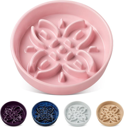 vancasso Ceramic Slow Feeder Dog Bowls, Puzzle Dog Food Bowls with Floral Maze, Anti -Slip Pet Food Dish for Small Breed, 0.6 Cups, Pink