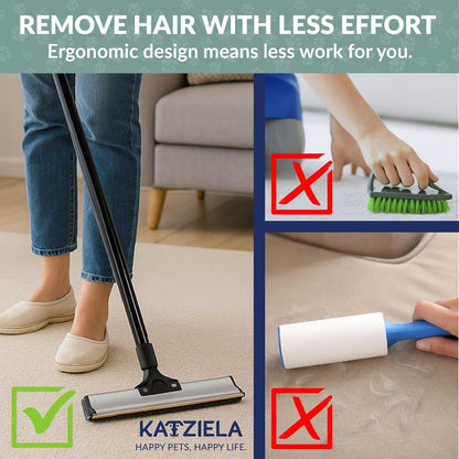 Katziela DuoSweep Broom – Dual-Sided Pet Hair Remover with Metal & Rubber Blade – Multi-Surface Cleaner for Carpet, Hardwood & Tile – Includes Water Control Squeegee Attachment