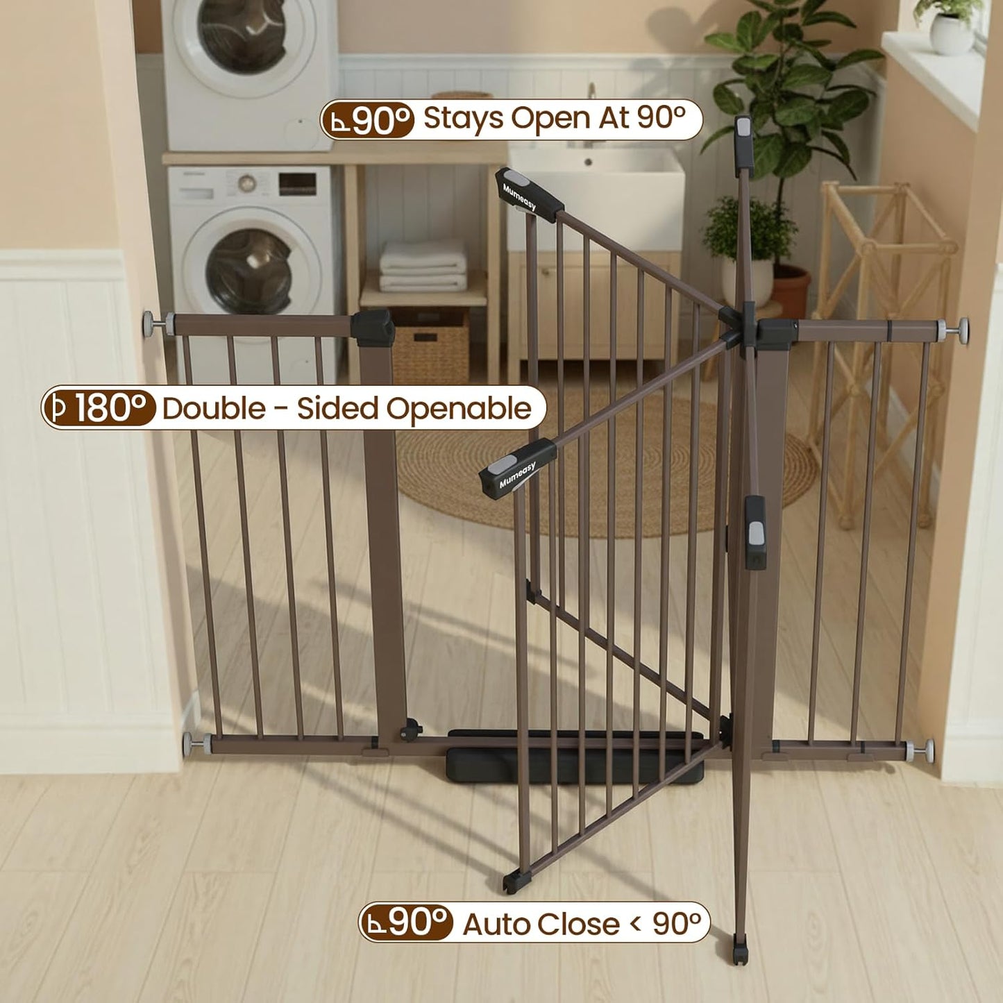 Mumeasy Baby Gate Extra Wide, 29.7-51'' Pressure Mounted Dog Gate with Walk Thru Door, Auto Close Pet Gate for House, Stairs, Doorways,Black
