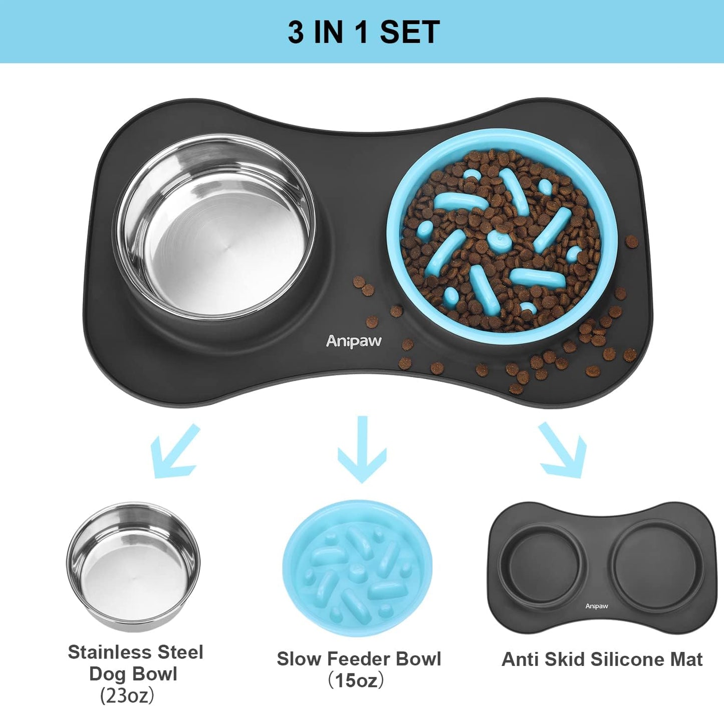 Anipaw Slow Feeder Dog Bowls 3 in 1 Stainless Steel Food and Water Bowls with Non-Spill and Skid Silicone Mat to Slow Down Eating for Large Medium Small Breed Size Dogs and Cats
