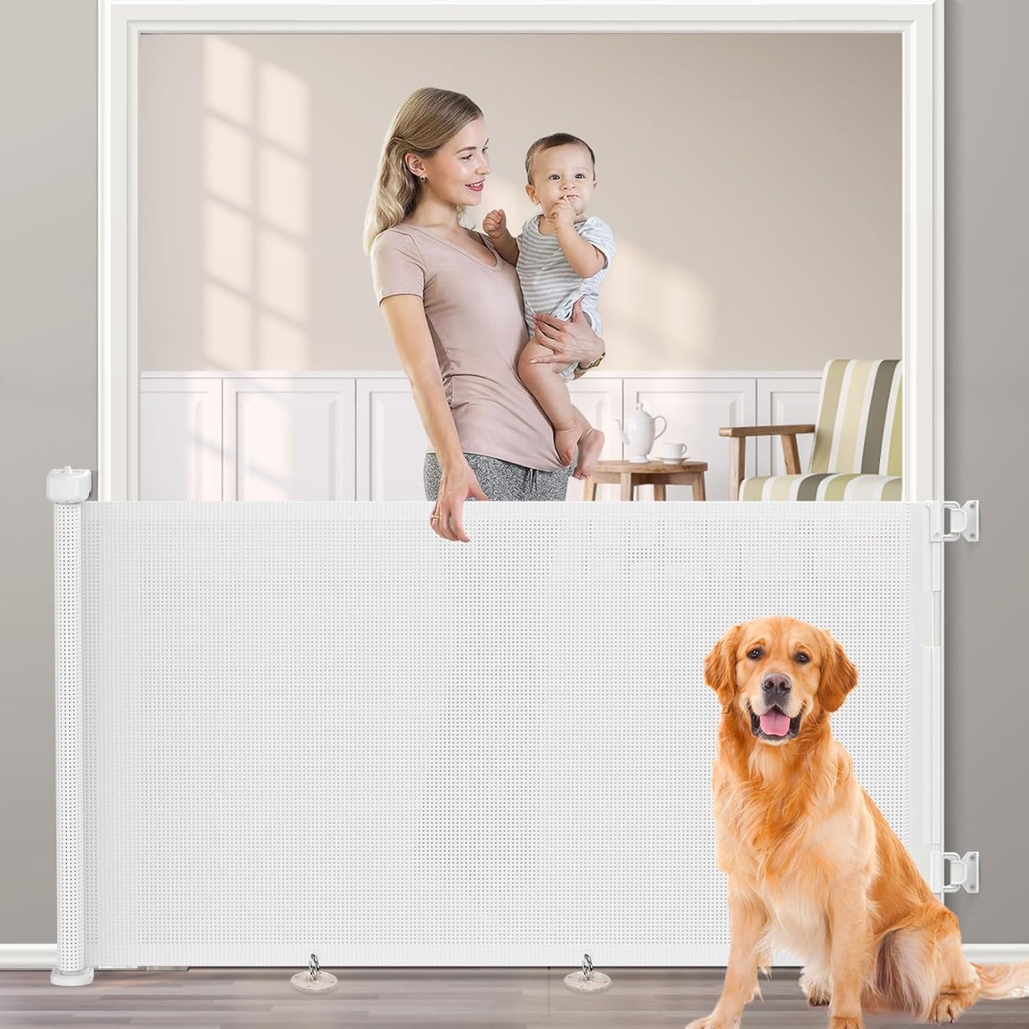 Upgrade 120 inch Retractable Baby Gates, EZIGO Extra Wide Baby Gate for Large Opening Extra Long Mesh Gate for Kids or Pet Dog Gate Child Safety Gate for Stairs Hallways Doorway Indoor Outdoor, Gray