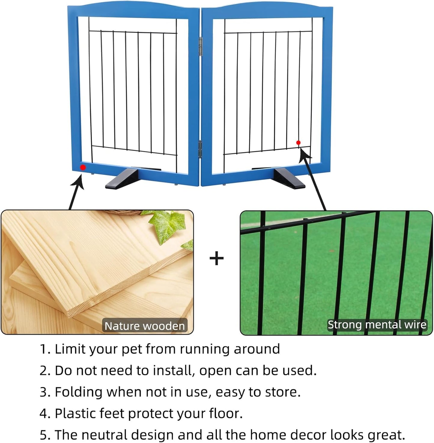 ZJSF Freestanding Dog Fence Indoor, Foldable Dog Gate for Doorways, Stairs or Hallways, Sturdy Wood Extra Wide Pet Gate with Support Feet for The House, White, 24 "Height-3 Panels
