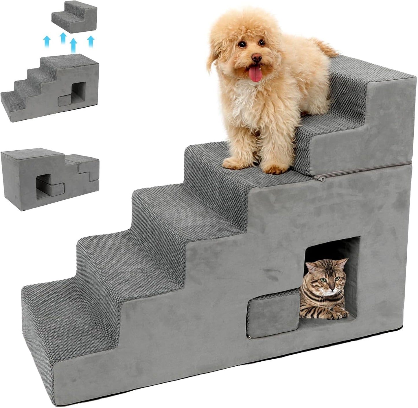 Dog Stairs for Small Dogs, 6-Step Dog Steps for High Bed, High-Density Foam Pet Stairs with Non-Slip Removable Washable Cover to Get on Bed