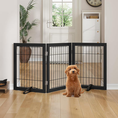 Freestanding Dog Gates Indoor, 3-Panel Pet Gates with 2 Metal Stands and 360° Hinge, 24" H Foldable Dog Gate for Stairs, Doorway, Kitchen, Expands Up to 55" Fully Assembled - Black Walnut