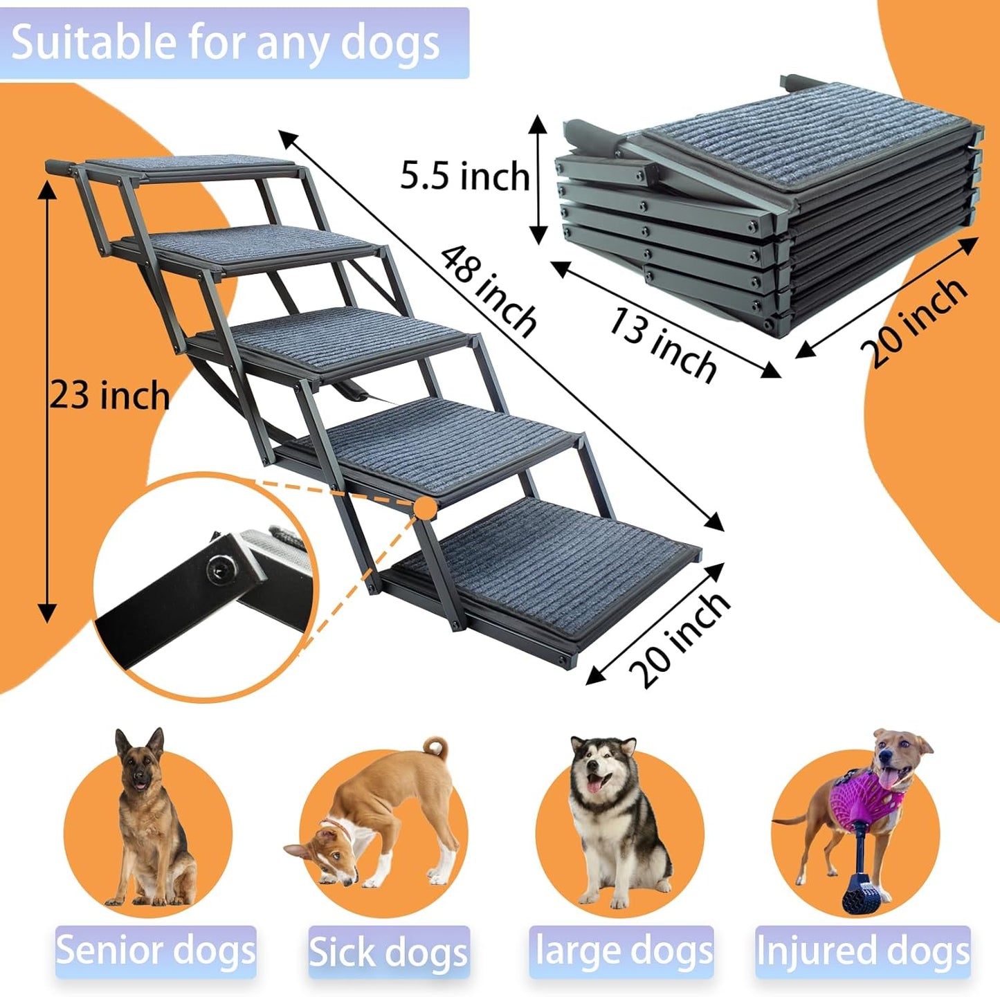 Dog Ramp for Car Truck and SUV Dog Stairs for Large Dogs Folding Pet Stairs with Non-Slip Rug Surface Supports Up to 250 lbs (5 Steps)