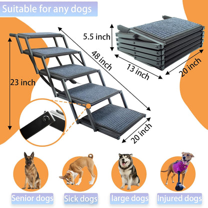 Dog Ramp for Car Truck and SUV Dog Stairs for Large Dogs Folding Pet Stairs with Non-Slip Rug Surface Supports Up to 250 lbs (5 Steps)