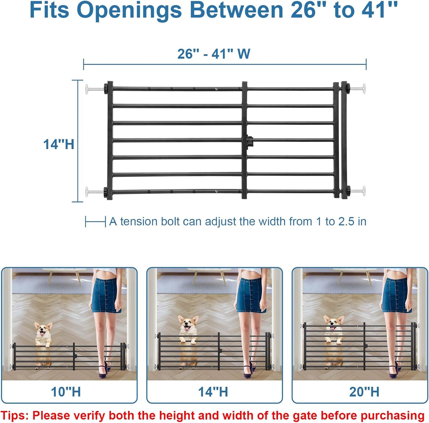 Malier Indoor Dog Gate with Door, 26-41" Extra Wide Full Metal Pet Gate Short Dog Gate for Stairs, Pressure Mount 10'' Tall Small Puppy Low Gate Easy Step Over for Doorways