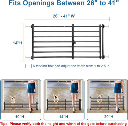 Malier Indoor Dog Gate with Door, 26-41" Extra Wide Full Metal Pet Gate Short Dog Gate for Stairs, Pressure Mount 10'' Tall Small Puppy Low Gate Easy Step Over for Doorways