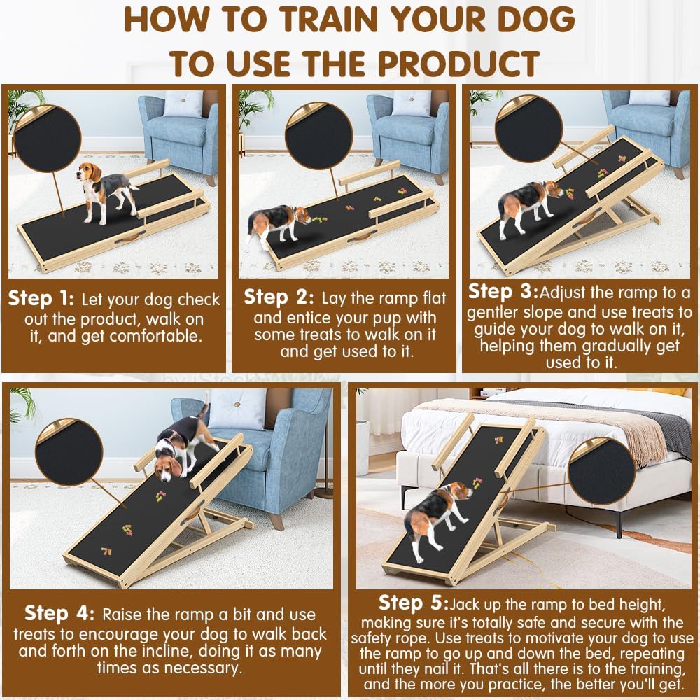 Dog Ramp for Couch with Non-Slip Silicone Mat, 39" Wooden Pet Ramps for Small Dogs, Hold up to 100lb, Adjustable Height from 11.41" to 20.47", Portable Stable Pet Step for Sofa Stairs