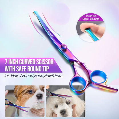 Gimars Titanium Coated Professional 6 in 1 4CR Stainless Steel Dog Grooming Scissors with Safety Round Tip, Heavy Duty Pet Grooming Scissor for Dogs, Cats and Other Animals