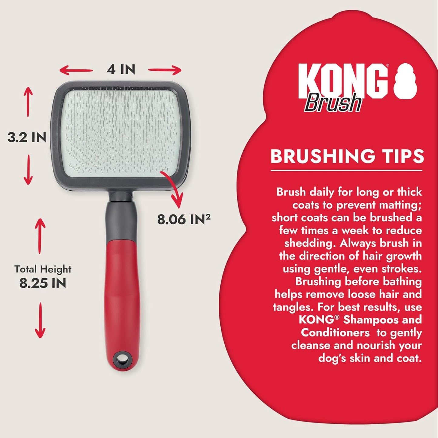 KONG Double-Sided Rake & Deshedding Tool – Detangling & Shedding Control, Rounded Metal Tips, Non-Slip Grip, for Medium to Large Dogs with Medium to Long Coats, Red/Gray