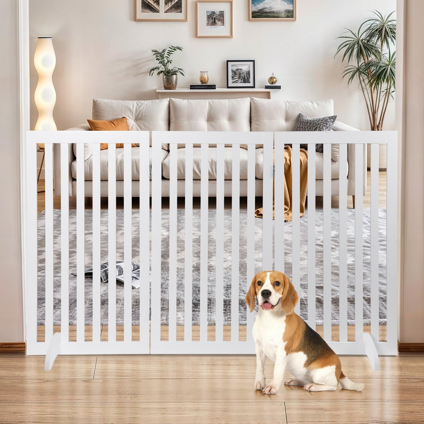 Freestanding Dog Door Indoor Folding Puppy Gate for Doorways Stairs 4-Panel Wood Pet Safe Barrier Fence for Hallways, Gray