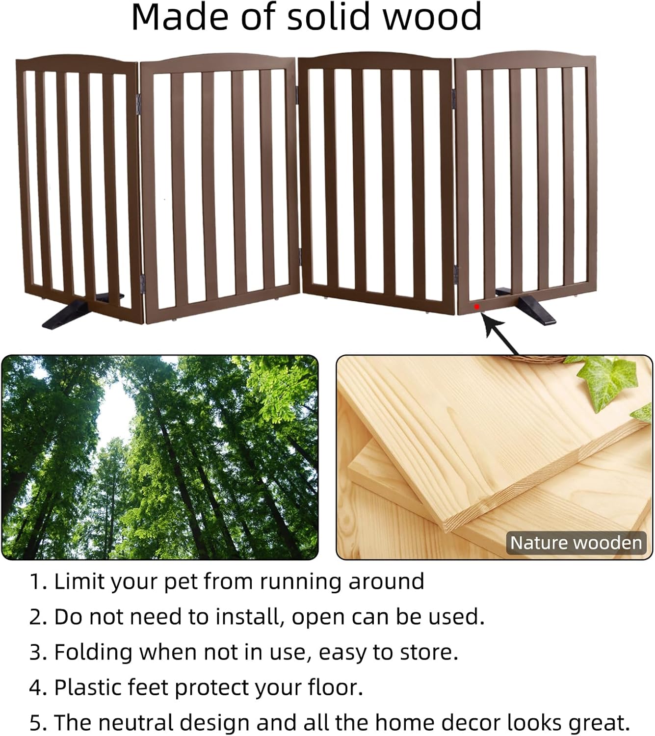 Freestanding Dog Gate Indoor,Doggie Gate Foldable Pet Gates for Doorways,Stairs or Hallways, Wooden Brown Pet Gate for the House, Pet Fence with Support Feet Included,24 "Height-3 Panels