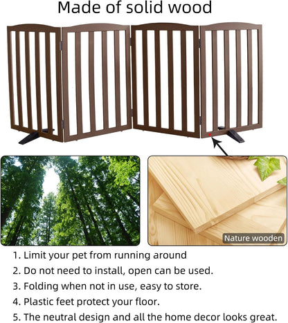 Freestanding Dog Gate Indoor,Doggie Gate Foldable Pet Gates for Doorways,Stairs or Hallways, Wooden Brown Pet Gate for the House, Pet Fence with Support Feet Included,24 "Height-3 Panels