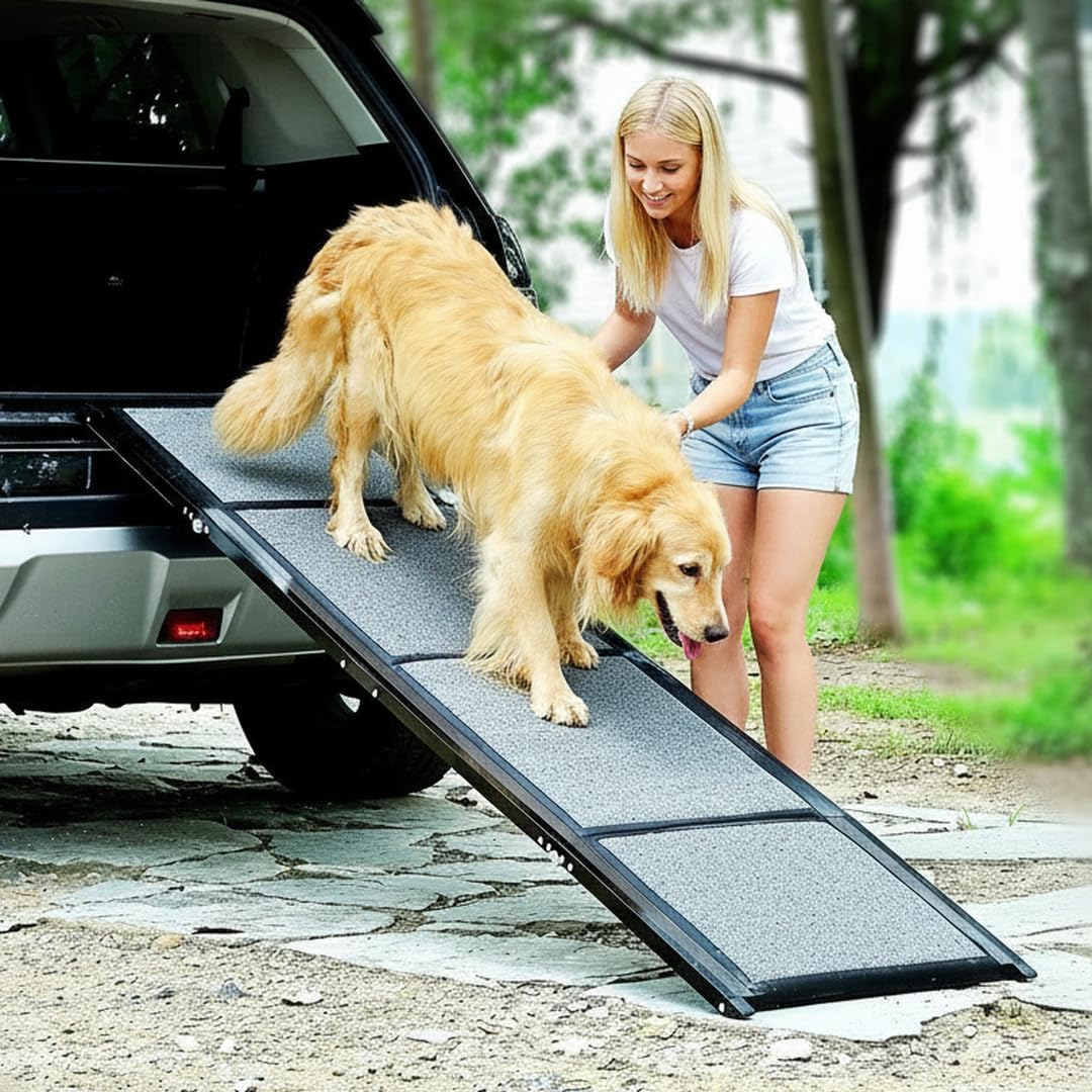 Pet Ramp (160 x 44 cm),Dog Ramp for Car, SUV & Truck, 63" Long & 17" Wide, Fold-able & Portable Pet Ramp with Non-Slip Rug Surface, Extra Wide Dog Steps for Medium & Large Dogs Up to 250LBS