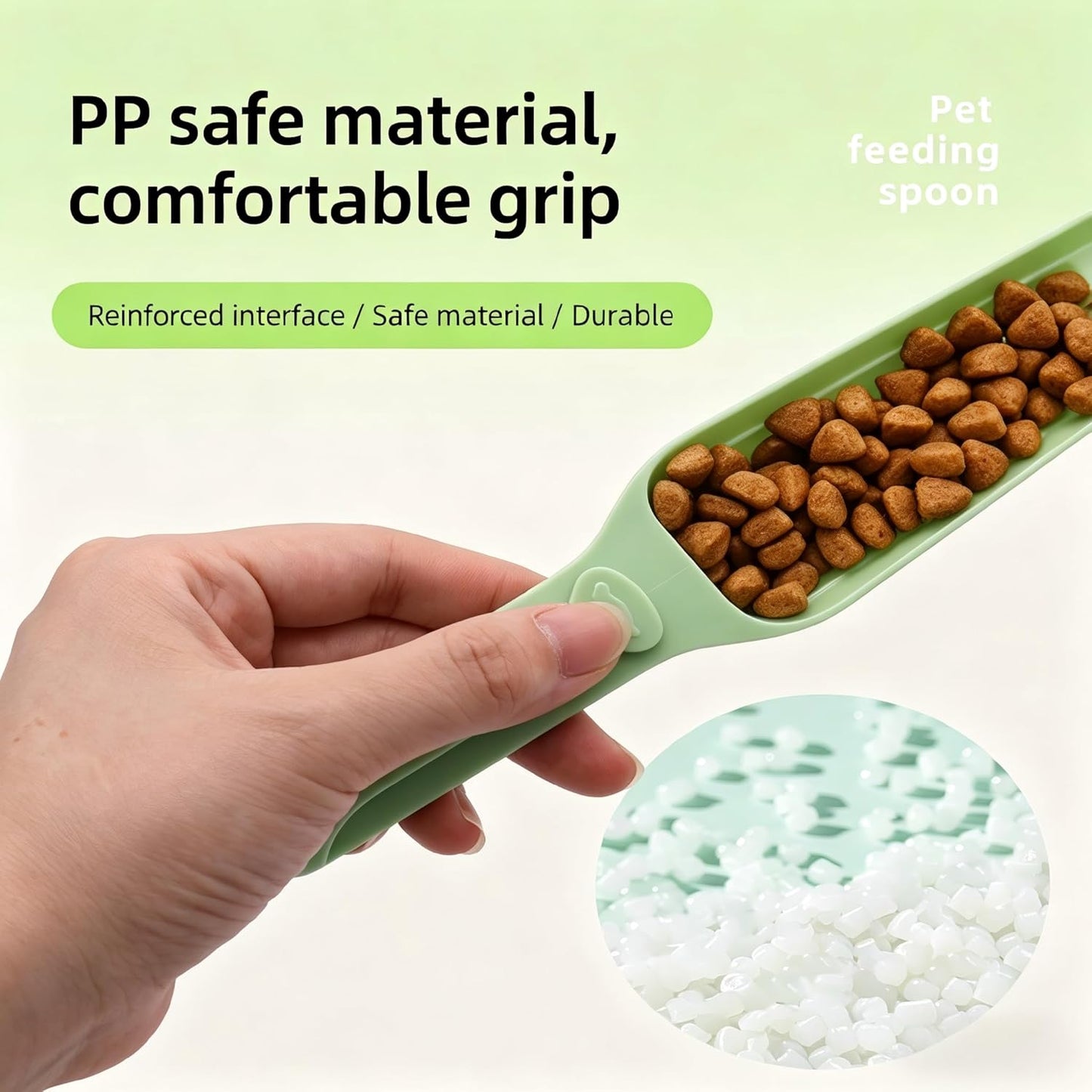 Pet food scoop and bag clip, multi-functional dog and cat food measuring spoon and spatula, capacity 100 grams (3.5 ounces), long-handled food sealing clip, 7.48 x 1.57 inches, green