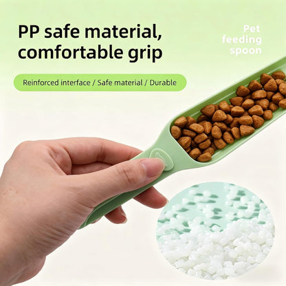Pet food scoop and bag clip, multi-functional dog and cat food measuring spoon and spatula, capacity 100 grams (3.5 ounces), long-handled food sealing clip, 7.48 x 1.57 inches, green
