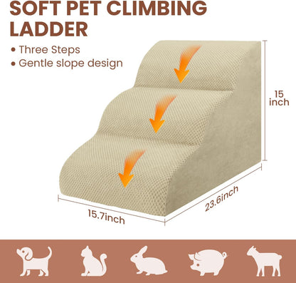 Dog Stairs for Small Dogs, 3 Tiers High Density Foam Dog Ramp, Extra Wide Non-Slip Pet Steps for High Beds Or Couch, Soft Foam Doggie Ladder for Dogs Injured, Older Pets, Small Cats