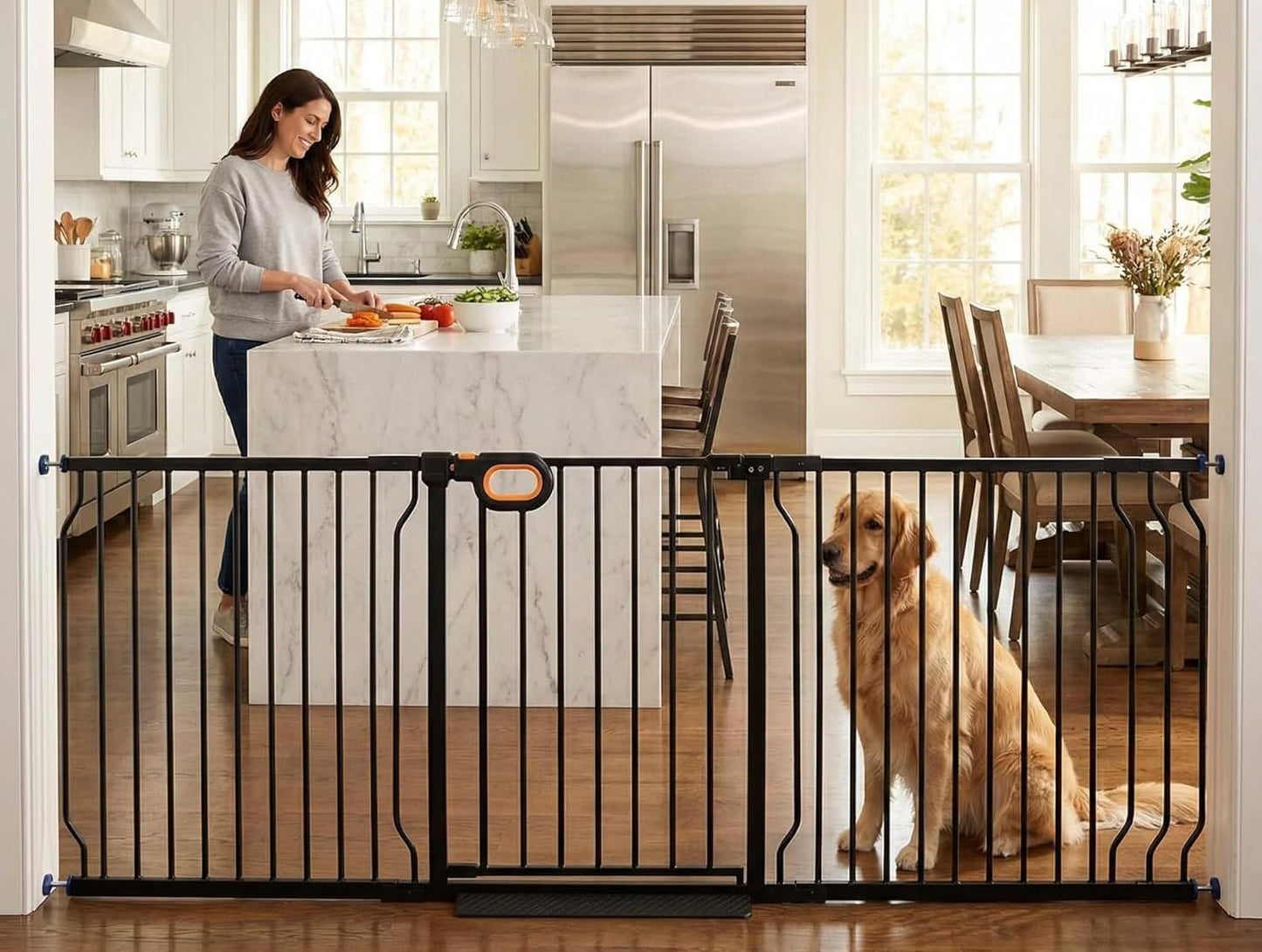 Baby Gates Extra Wide for Large Opennings with Door Pressure Mounted 90.6-95.2 Inch Extra Wide Baby Gate Dog gate for Doorways Indoor Metal Gate No Drilling with Walk-Through Door,White