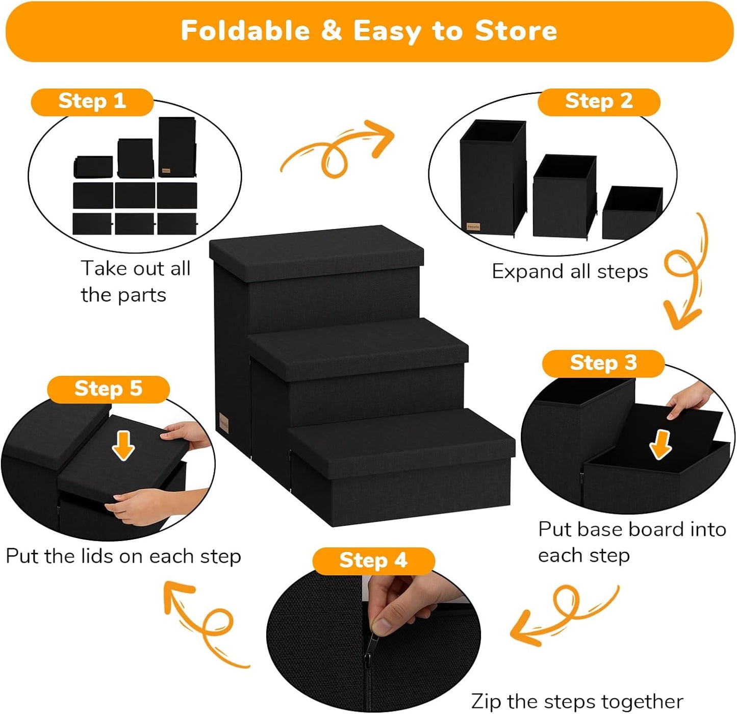 3-Step Wide Dog Stairs with Hidden Storage 18" H, Non-Slip Dog Steps for High Bed Couch Window Car, Jiont-Friendly Pet Stairs Ramp for Small/Medium/Large Old Dogs Cats Up to 200lbs, Grey