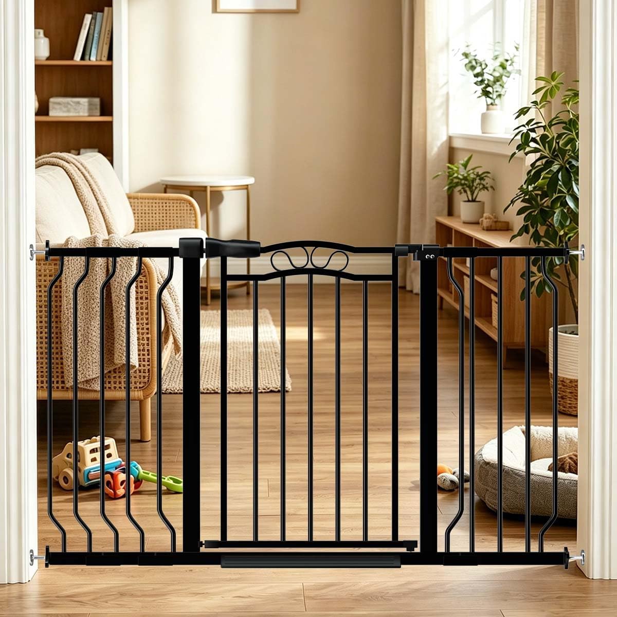 Fairy Baby 62.5"-71.6" Extra Wide Baby Gate Pressure Mount, Long Large Dog Gate Indoor Doorways Stairs, No Drill Safety Child Gate for Kids with Double Lock, Walk Thru Pet Gate for Puppy Doggy, Black