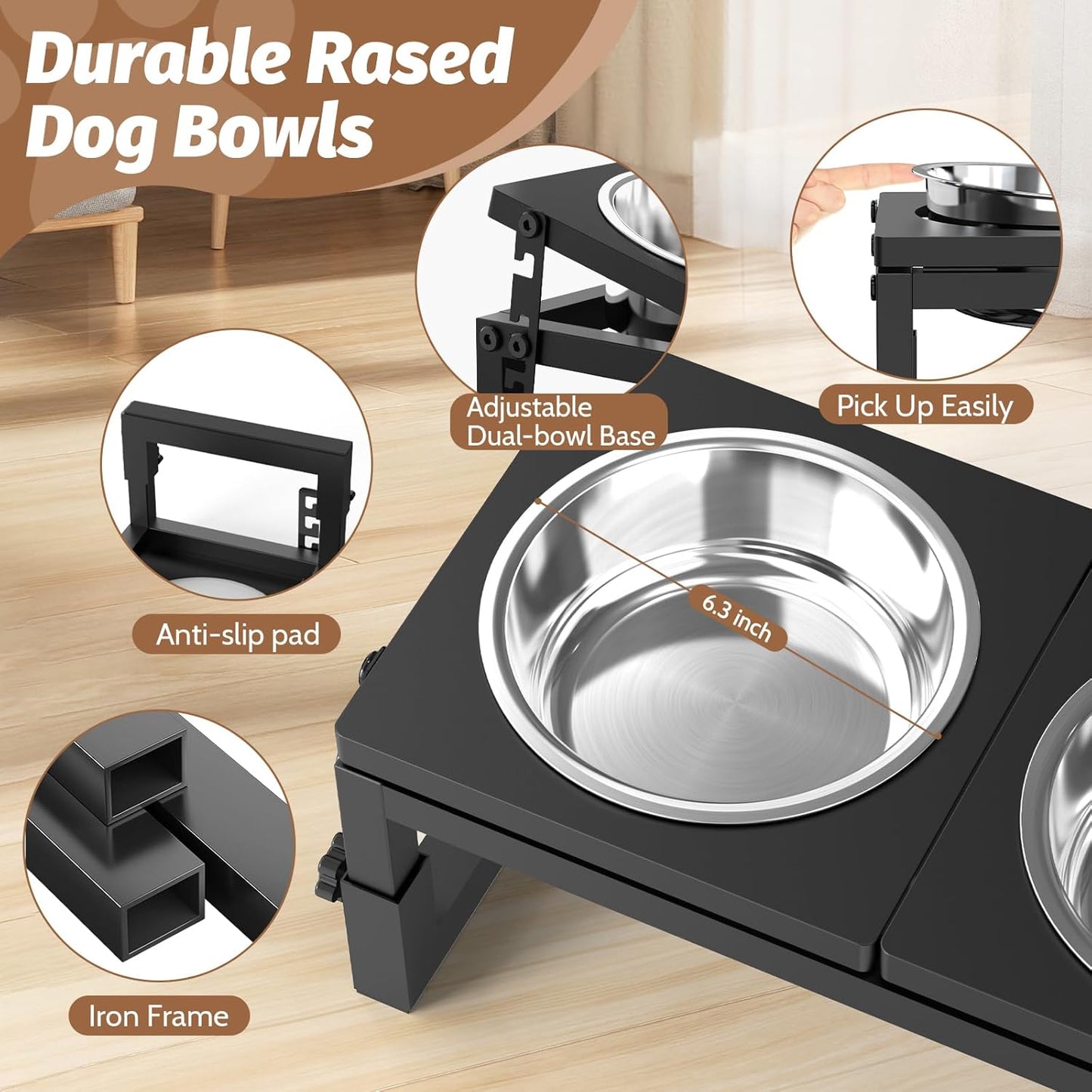 Dog Bowls Elevated, 4 Height (9.6" to15) & Angle (0-20°) Adjustable Raised Dog Bowl Stand, Elevated Dogs Bowl for Medium to Large Sized, Bamboo Feeding Station with 2X 10cups Stainless Steel Dishes