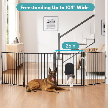 No Pawblems Dog Gate with Cat Door, Free Standing 30'' Tall Foldable Dog Fence for Indoor & Outdoor, Up to 156 Inch Extra Wide Puppy Gate for Stairs, Hallways, Doorways, Deck, Yard (Black, 6 Panels)