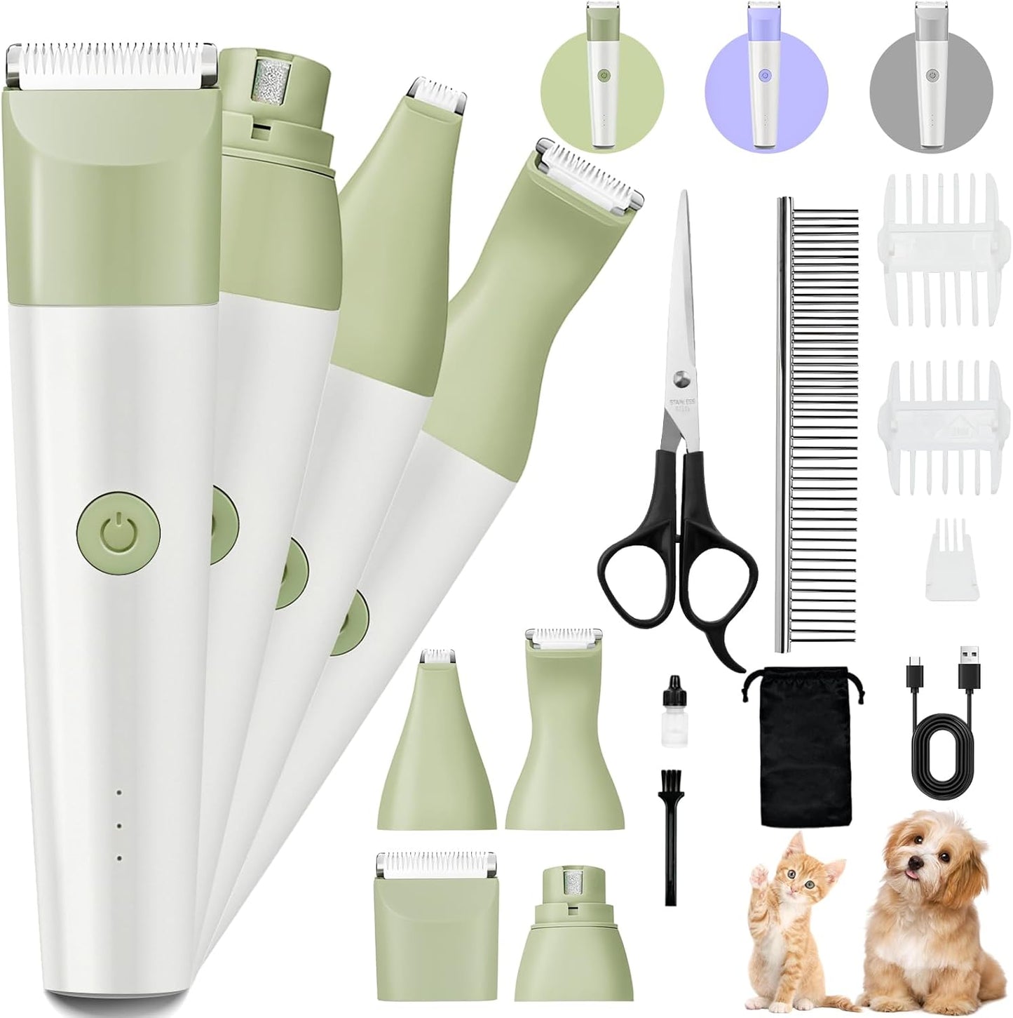 Dog Clippers Grooming Kit, 4 in 1 Quiet Cordless Dog Paw Trimmer & Nail Grinder, Small Cat Clippers Electric Rechargeable Low Noise Pet Shaver for Trimming Hair on Paw Eye Ear Face Rump (Pink)