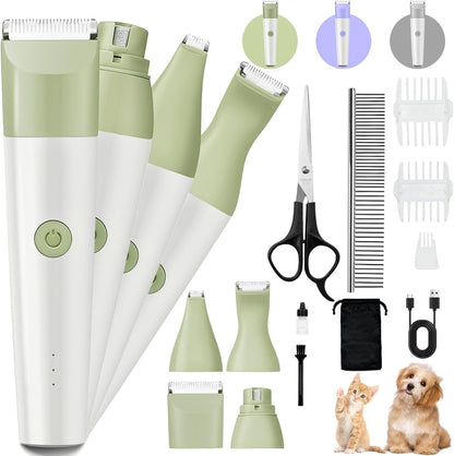 Dog Clippers Grooming Kit, 4 in 1 Quiet Cordless Dog Paw Trimmer & Nail Grinder, Small Cat Clippers Electric Rechargeable Low Noise Pet Shaver for Trimming Hair on Paw Eye Ear Face Rump (Pink)