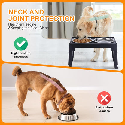 LALOBLUE Elevated Dog Bowls, Raised Dog Bowl with 2 Stainless Steel Dog Food Bowls, Dog Bowls Stand Adjusts to 5 Heights 2.95", 8.46", 9.65", 10.82", 12.01" for Small Medium Large Dogs Cats Pets,Black