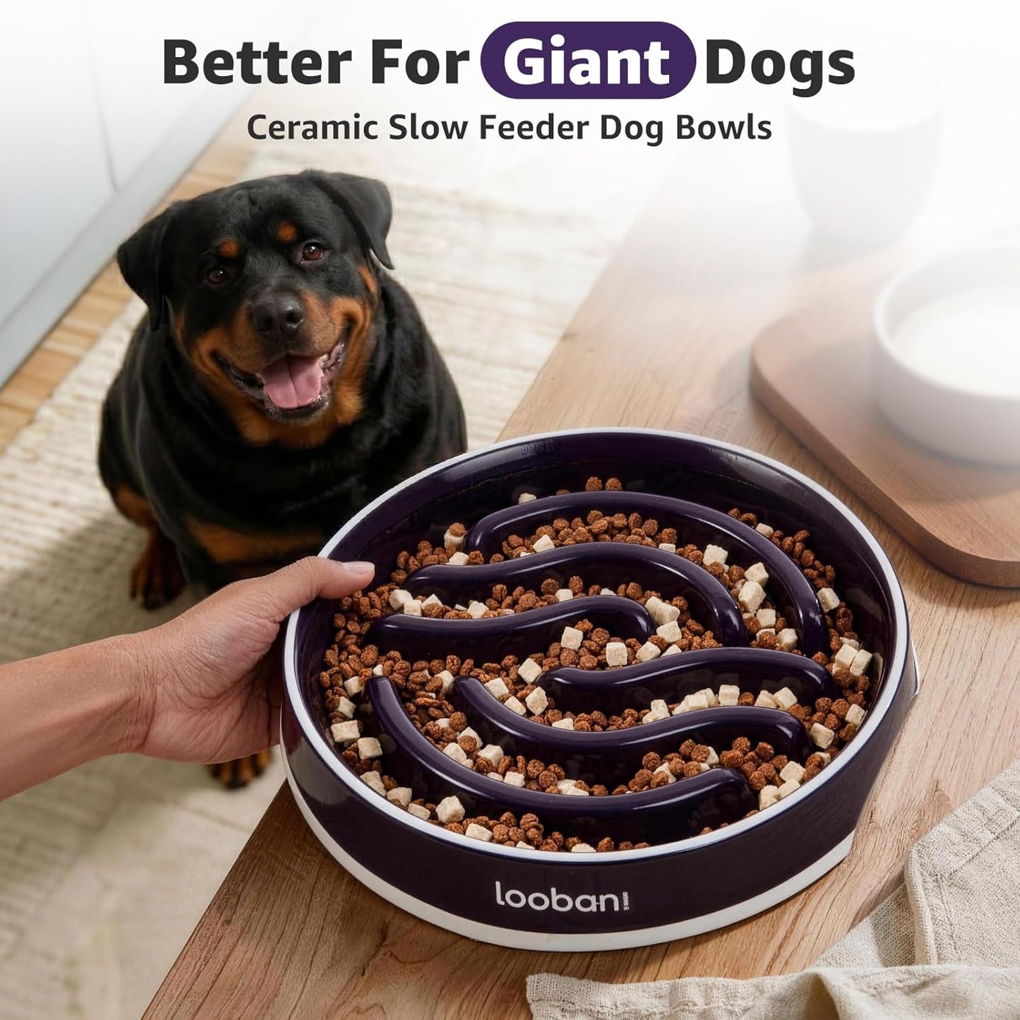 LOOBANI Slow Feeder Dog Bowls - 3.5 Cups Ceramic Slow Feeder Dog Bowls for Large Dogs, Slow Feeding Easy-Grip Handles, Perfect for Fast Eaters Goldens, Labradors & Huskies (L, Purple)