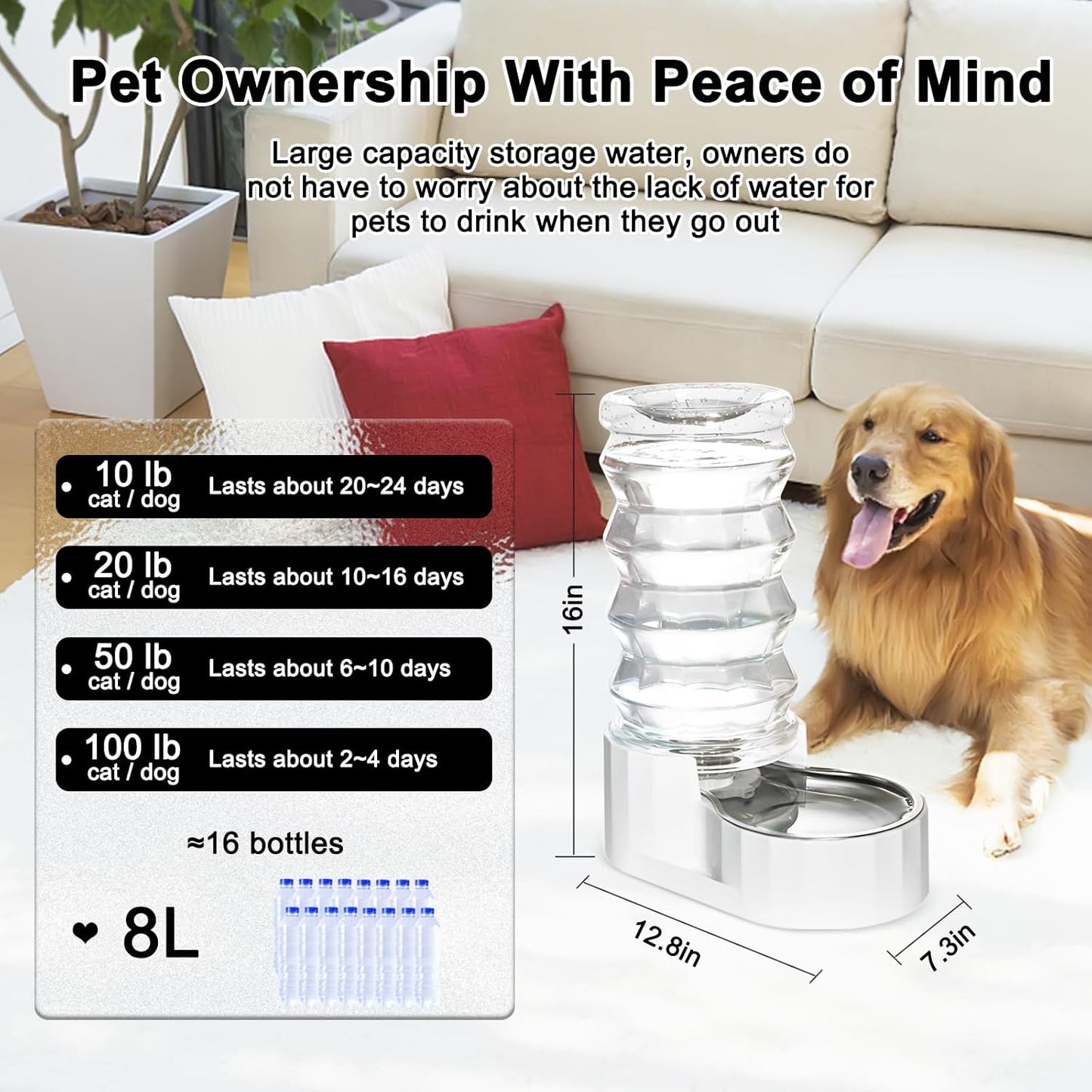 RIZZARI 8L Elevated Pet Water Dispenser – Stainless Steel Gravity Waterer with Auto-Refill Design for Medium and Large Dogs & Senior Pets -Comfortable Drinking Height for Living Rooms,Multi-Pet Homes