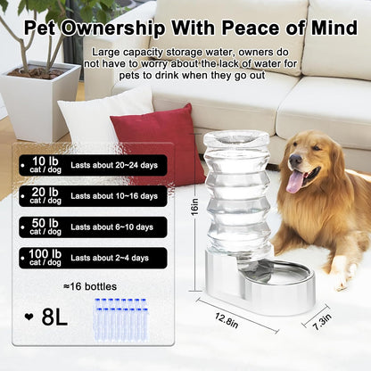 RIZZARI 8L Elevated Pet Water Dispenser – Stainless Steel Gravity Waterer with Auto-Refill Design for Medium and Large Dogs & Senior Pets -Comfortable Drinking Height for Living Rooms,Multi-Pet Homes