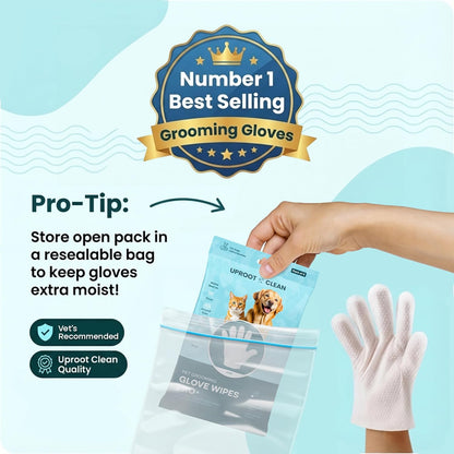 Uproot QuickClean Gloves Pro: Extra-Thick Pet Glove Wipes for Dogs & Cats - Easy Wipe Paws, Eyes, Ears, Butt, & Body - Lick-Safe for Cats & Dogs - Cleaning, Deodorizing & Grooming (20 Pack)