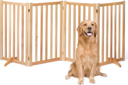 36" Height Extra Tall Freestanding Pet Gate, Solid Wood Folding Safety Fence Wooden Dog Gate with 2 PCs Support Feet Ideal for Stairs, Doorways, Halls, Kitchens, Heavy Duty Gates, 3 Panels, Oak