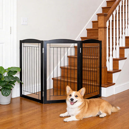 ZJSF Freestanding Foldable Dog Gate for House Extra Wide Wooden White Indoor Puppy Gate Stairs Doorways Pet Gate Tall Dog Fence 3 Panels Fence