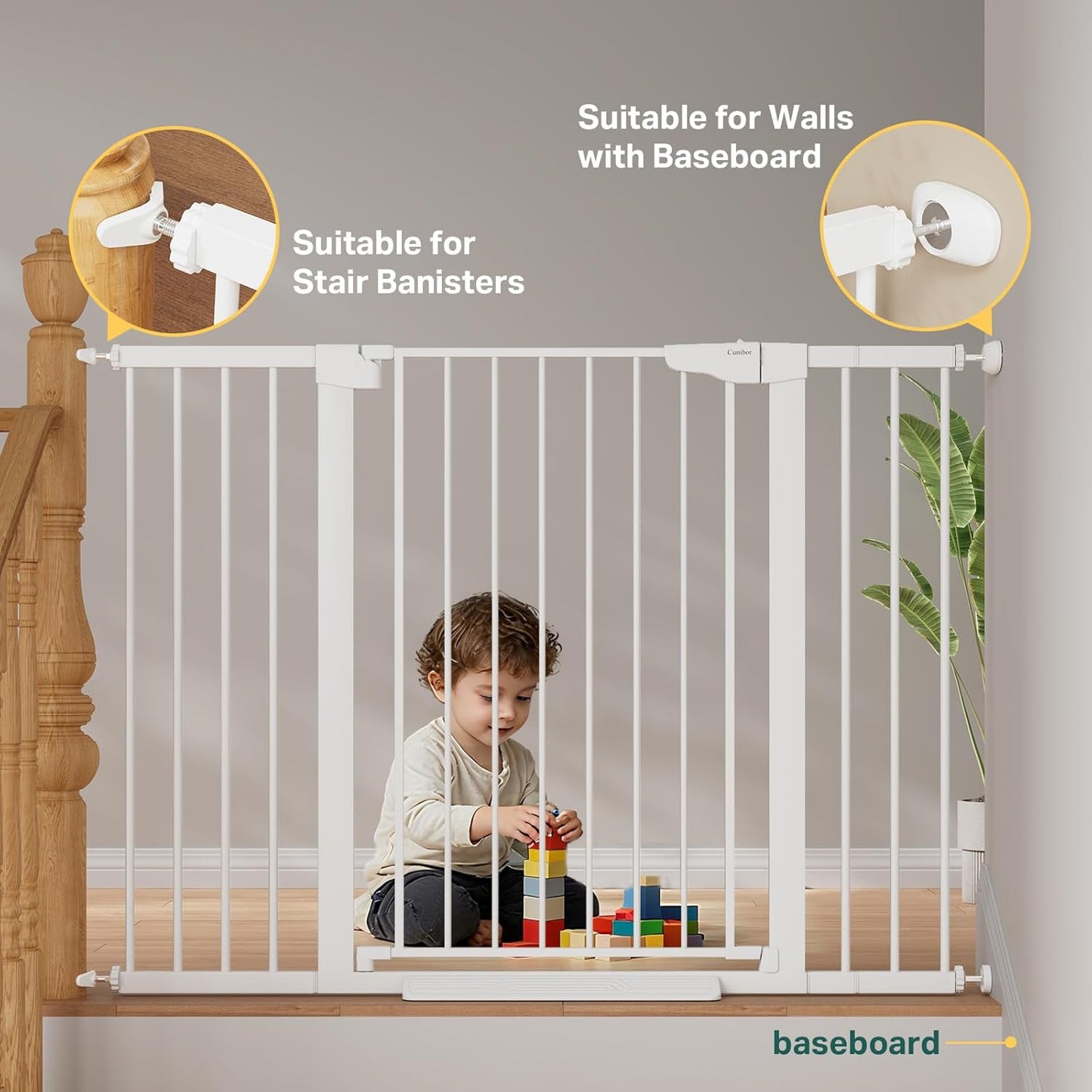Cumbor 36.6-64" Extra Wide Baby Gate for Stairs, Dog Gates for Doorways, Auto-Close Pet Gate Indoor, Pressure Mounted Walk Through Safety Child Gate for Kids Toddler, Tall Pet Puppy Fence Gate, Brown