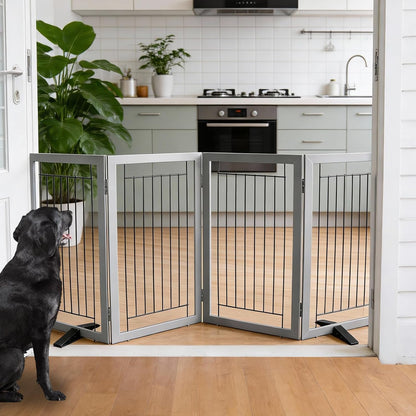 ZJSF Freestanding Dog Gate Indoor, Foldable Dog Fence for Doorways,Hallways or Stairs, Sturdy Wood Extra Wide Pet Gate with Support Feet,Black,24 "Height-3 Panels