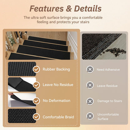 PADOOR Stair-Treads Non Slip 15PCS, Stair Treads for Wooden Steps Rubber Backing Indoor, Carpet Stair Treads Residue Free, Stair Runner Durable Stair-Carpet Treads for Kids and Dogs 8"x30" Beige