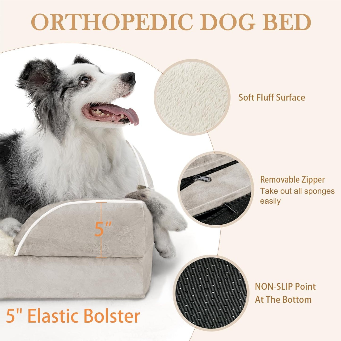 Comfort Expression Orthopedic Dog Bed for Extra Large Dogs 42x30 Inch, Waterproof Egg Crate Foam XL Pet Bed with Removable Bolsters, Dog Couch with Washable Cover & Non-Slip Bottom, Grey - Colors B