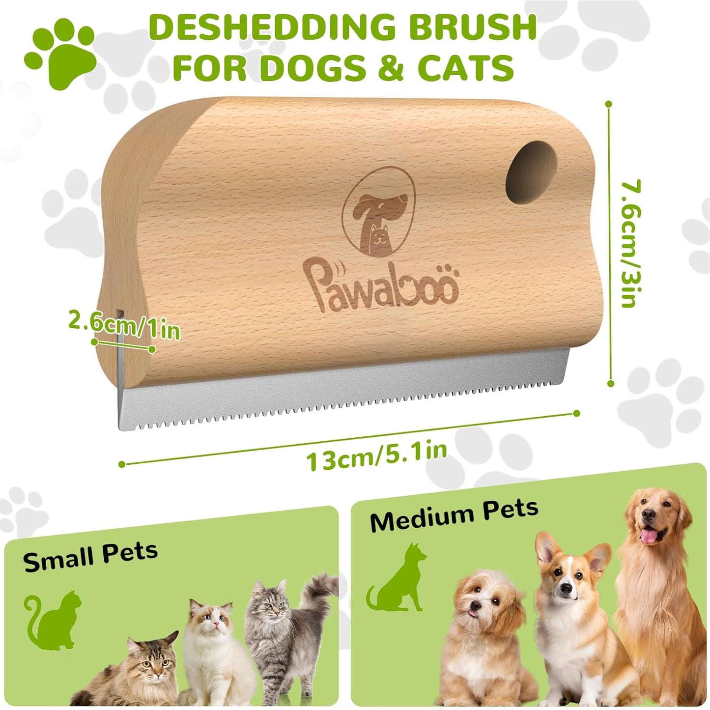 Pawaboo Deshedding Brush for Dogs & Cats, Dog Hair Removal Comb with Ergonomic Gripping, Wooden Grooming Shedding Brush for Long Hair Dogs and Cats, Hangable Pet Cleaning Comb Supplies, 5.1 Inch