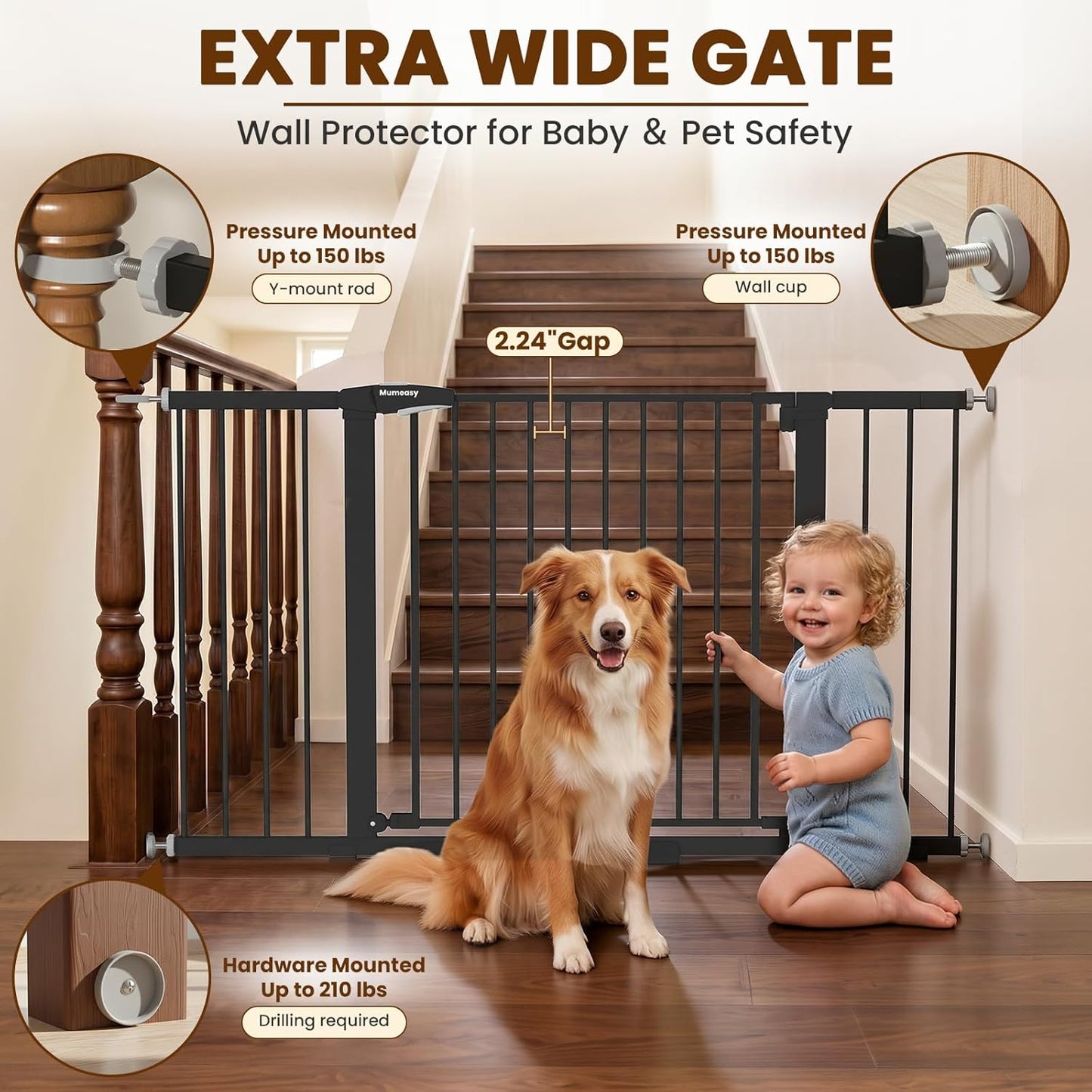 Mumeasy 36" High Extra Tall Dog Gate, 29.6"-40.5" Wide Pressure Mounted Tall Baby Gate for Dog, Auto Close Pet Gate with Door for Stairs,Doorways,House,Black