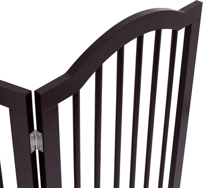 INTERNET'S BEST Arched Top Dog Gate | 4 Panel, 24" H Wooden Pet Barrier for Dogs or Cats | Freestanding Folding Room Divider for Doorways, Hallways, Stairs, and Porch | Portable, Extra Wide | Espresso