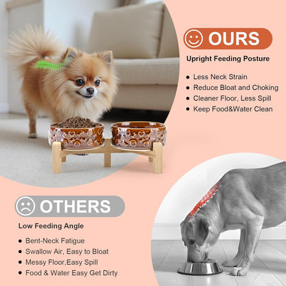 SPUNKYJUNKY Elevated Dog Bowls Ceramic, 6.1'' Dogs and Cat Food Water Bowls Raised with Non-Slip Bamboo Stand for Medium Sized Breed Microwave Dishwasher Safe - 28.7 OZ,Beige