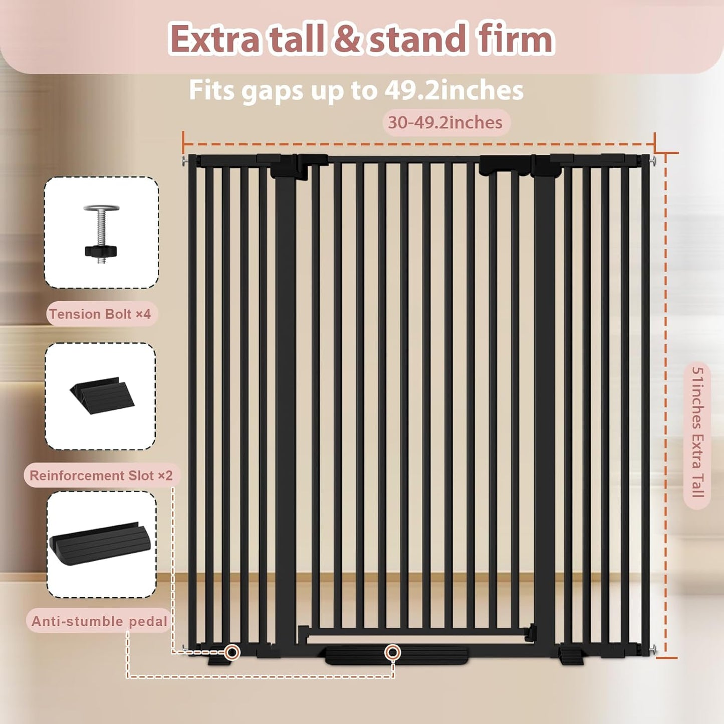 51'' Extra Tall Cat Gate for Doorways 30-40.9'' Wide, Climb Proof Pet Dog Gates for Kitten Dogs, Pressure Mounted No Drilling Cats Fence Barrier White